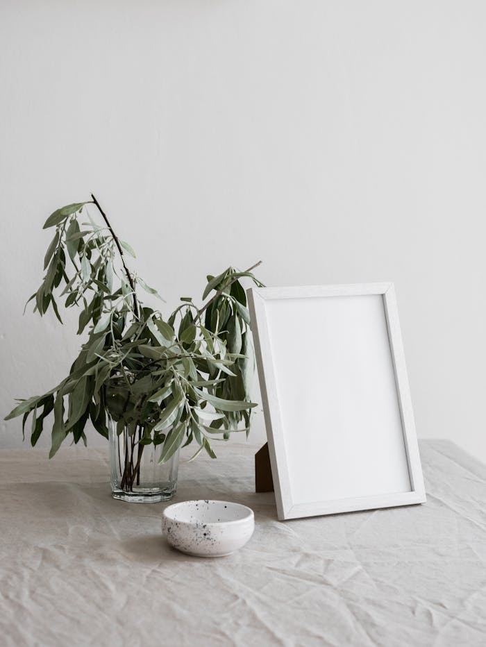 A minimalist arrangement featuring a plant in a glass vase and an empty picture frame on a table.